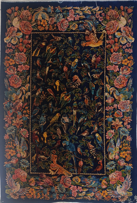 Floral Bird Silk Rug 3x5: Hand-Knotted Wall Decor